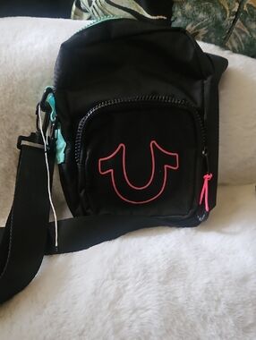 True Religion Black Crossbody with Pink Logo and Teal Accents